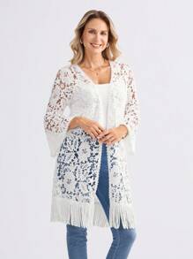 Miaspire White Embroidered Floral Fabric Splicing Tassel Hem Lightweight Women Jacket, Spring/Summer Resort Style - White - View 6