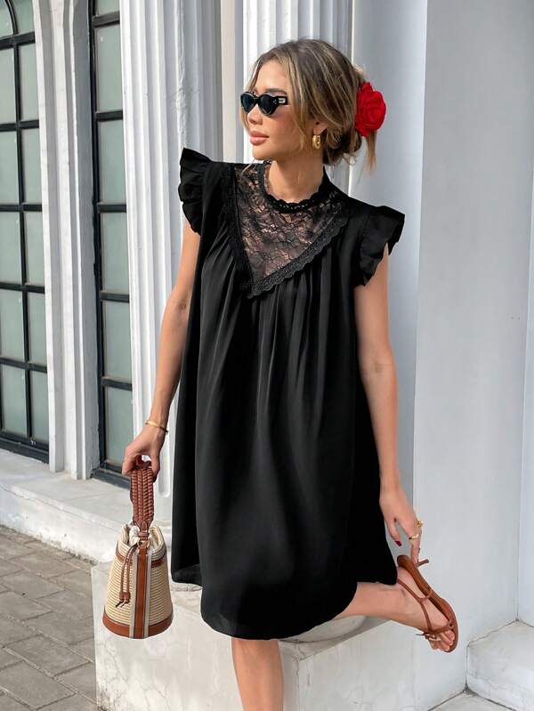Pariaura Women's Loose Contrast Lace Cap Sleeve Mini Dress