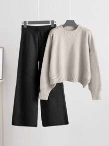 Franclia 2pcs Set: Drop Shoulder Solid Sweater & Knit Pants