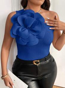 Flirla Plus Size Women Elegant Solid Color 3D Floral Decor One Shoulder Top - Royal Blue - View 3