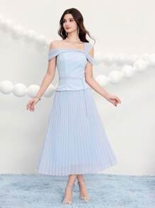 Poshira 女士不对称领口提花编织褶皱腰鸡尾酒会礼服、婚礼宾客礼服、音乐节春夏优雅礼服派对礼服、正式礼服、舞会礼服 - 藍色 - 查看 4