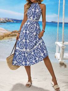 Breezaya Women's Vacation Plant Print Casual Halter Midi Dress
