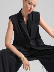 Ontre Women's Sleeveless Office Blazer With Contrast Fabric And Belt Design, Black, Thin Fabric, Elegant And Professional Look, Suitable For Commute, Spring/Summer - Black - View 5