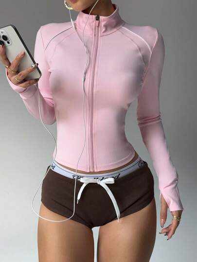 Dewbera Sporty Chic Contrast Color Zip Up Fitted Yoga Jacket, Elegant Design For Workout, Daily Life & Casual Wear