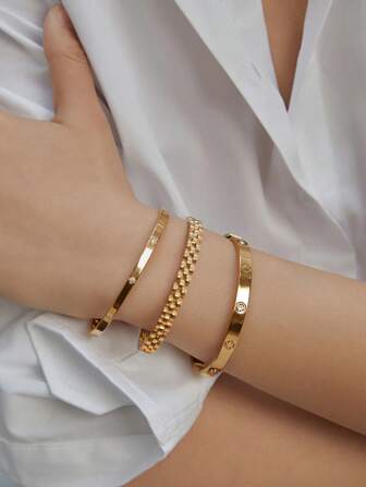18K Gold Plated Stainless Steel Stackable Bracelet With Chain And Clover Design, Fashion Style For Women, Suitable For Casual, Party, Holiday, Birthday, Wedding, Gift Valentines Christmas Winter Christmas Gifts