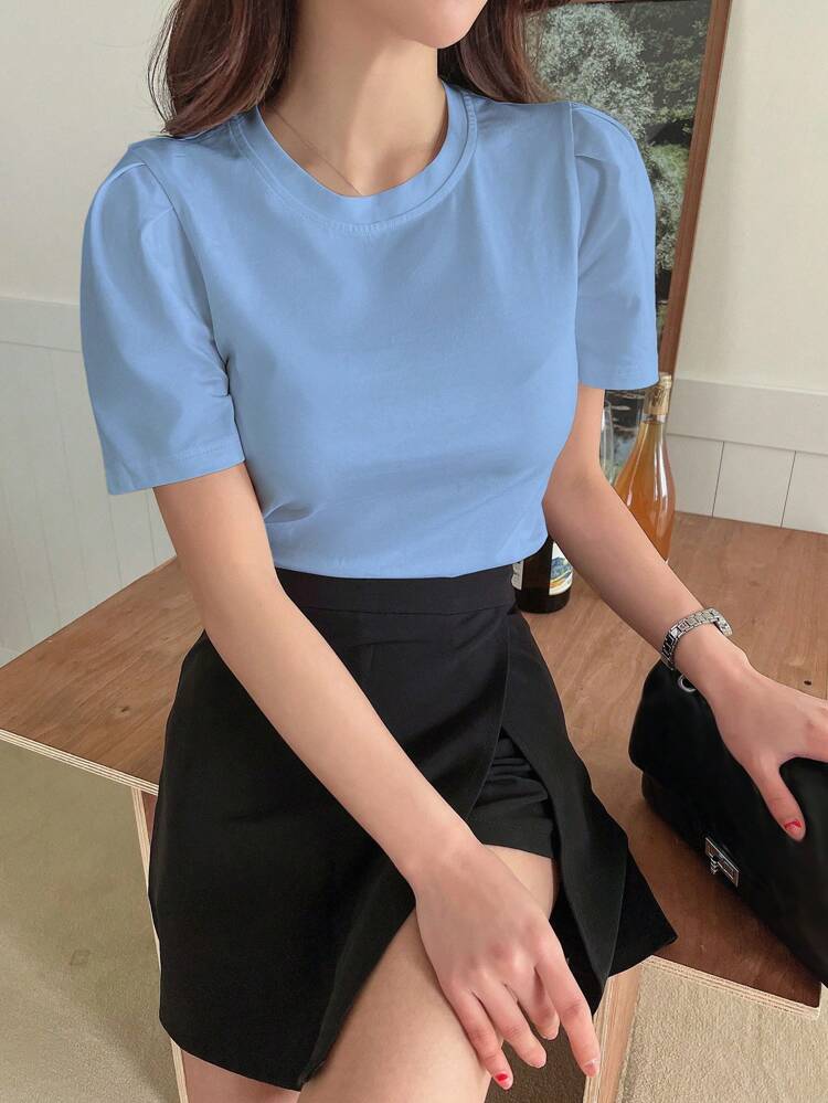 Solid Color Round Neck Casual Short Sleeve T-Shirt,Crop Tops Women