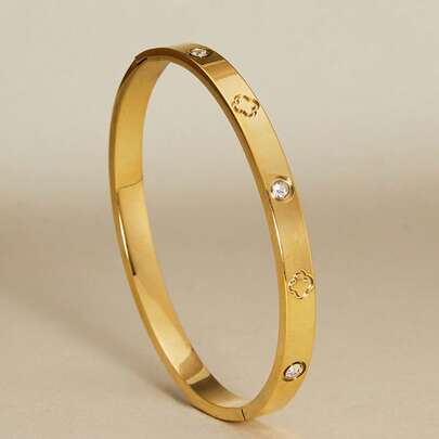 1PC Gold Stainless Steel Artificial Stones Bangle Bracelets For Women Non Tarnish Oval 18k Gold Plated Cubic Artificial Zirconia Flowers Bracelet Designer Jewelry Gift For Teen Girls Valentines Winter Gifts