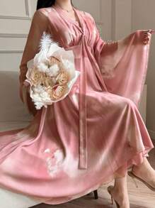 DAZY Rochie elegantă de seară cu mâneci lungi și decolteu în V, solidă, cu mâneci asimetrice și decolteu în V, pentru femei - Roz - Vizualizare 5