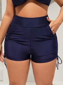 Swim SPRTY Plus Size Women Solid Color High-Waist Pocket Bikini Shorts, For Vacation For Summer - Blue - View 4
