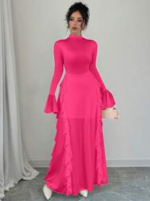 Firerie Women's Romantic Elegant High Neck Long Lantern Sleeve Ruffle Hem Dress - Pink - View 8
