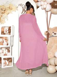 Loomaby 2pcs Maternity Elegant Party Solid Color Jacket And Ruched Bodycon Strapless Dress Set - Pink - View 2