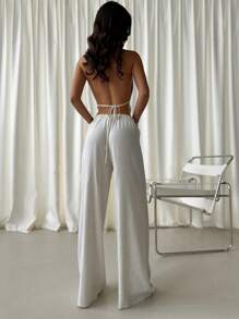 Firerie 2 件春夏新款休闲优雅性感吊带露背吊带背心和低腰抽绳宽松阔腿亚麻裤套装 - 杏色 - 查看 8