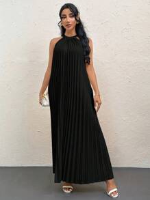 SHEIN Privé Apricot Elegant Vacation/Commute/Party Tie Neck Sleeveless Pleated Hem Maxi Dress