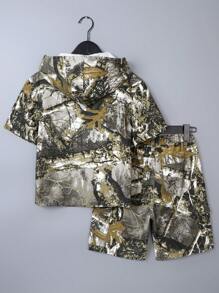 1 Set Teen Boys American Camo Denim Jacket + Casual Loose Straight Leg Jeans Shorts - Multicolor - View 2