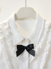 Jong meisje' Elegante frisse ivoorkleurige kanten rand contrasterende kleur strikkraag lange mouwen overhemd met knopen, college stijl, geschikt voor dagelijks casual, school, reizen, vakantie, lente/herfst