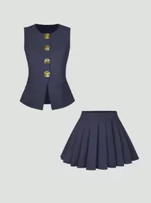 Sweetra Women's Elegant Luxury Style Decorated Button Cardigan Vest + Pleated Mini Skirt 2 Pieces Suit Set For Party Y2K Outfit  - Baby Blue - View 1