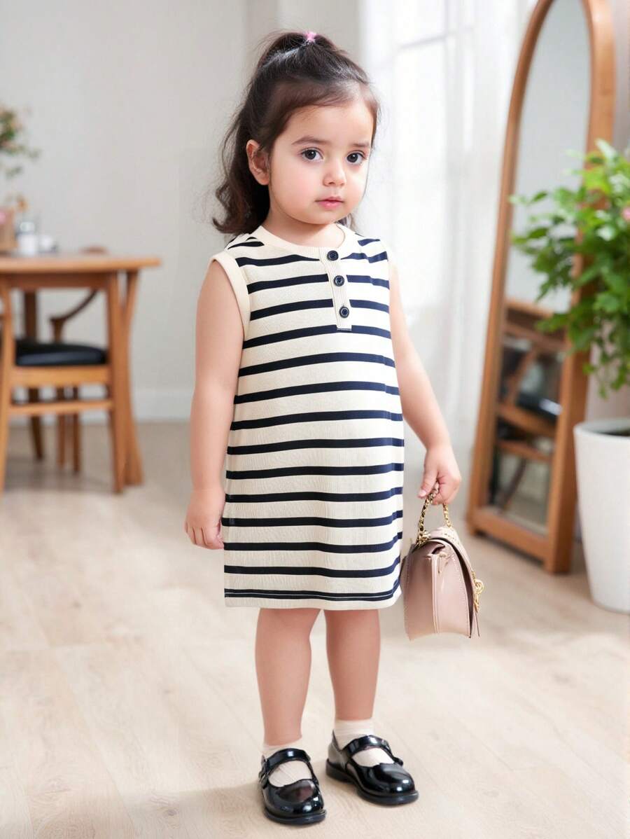 SHEIN Baby Girls Casual Cute Knitted Striped Sleeveless Dress - Black and White - View 1
