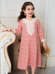 SHEIN 年轻女孩斋月碎花领子和袖口荷叶边修身休闲连衣裙，春夏 - 粉色 - 查看 6