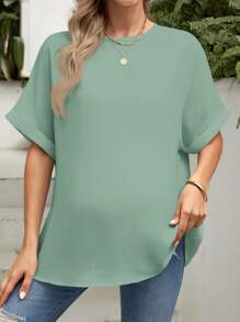 SHEIN 孕妇纯色圆领蝙蝠袖休闲宽松衬衫 - 綠色 - 查看 3