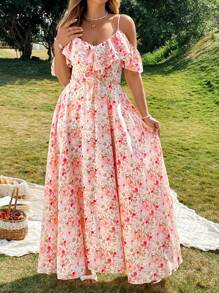 Roveilla Sukienka damska w dużych rozmiarach z kwiatowym nadrukiem, falbaniasta, z odkrytymi ramionami i rozcięciem na dole, elegancka, świąteczna