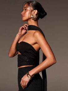 Athîral Conjunto de 2 peças de top e saia vazados de cor sólida sexy e elegante para mulheres