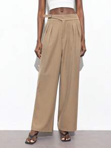 Maija 2025 Summer New Arrival Women's Casual Lightweight Khaki Color Pants, Fashion Adjustable Metal Buckle Waist Pleated Design Straight Leg, Suitable For Music Festival, Beach Vacation, Daily Casual, Romantic Urban Retreat, Wedding Guest, Graduation Romantic, Fashion, Versatile; Suitable For Summer Vacation In Fall/Winter - Coffee Brown - View 10