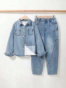 Tween Boy Boho Vintage Urban Street Light Wash Button Closure Denim Shirt And Baggy Cargo Jeans Denim Two Pieces Outfits