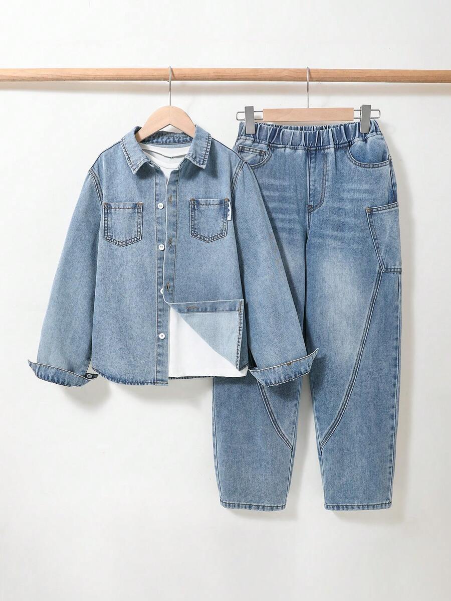 Tween Boy Boho Vintage Urban Street Light Wash Button Closure Denim Shirt And Baggy Cargo Jeans Denim Two Pieces Outfits