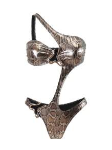 SHEIN Swim Costum de baie dintr-o bucată, sexy, cu imprimeu de piele de șarpe, decolteu asimetric, fără sârmă, croială înaltă, cu gol, pentru femei