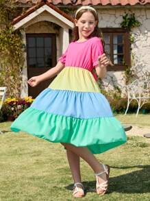 Tween Girls Vacation Style Round Neck Puff Sleeve Colorblock Bowknot Panel Rainbow A-Line Dress - Multicolor - View 3