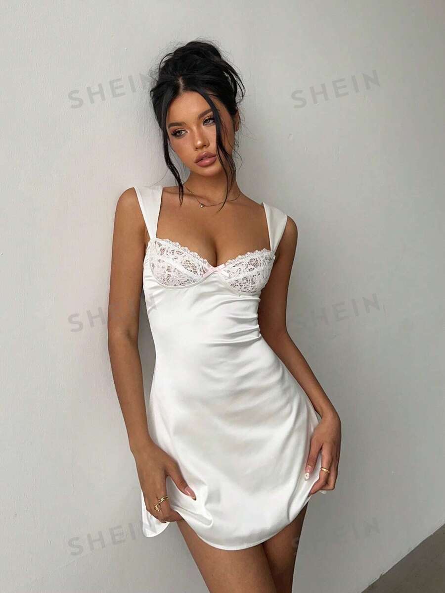 Aloruh Vestido camisero blanco de satén ajustado con cuello cuadrado elegante para mujer