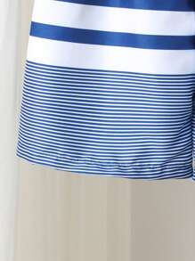 Young Boy Striped Patchwork Solid Color Swim Trunks, Woven Nylon Drawstring - Multicolor - View 5