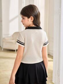 SHEIN Tween Girls Knitted Jacquard V-Neck Contrast Shirt Collar With Letter Patch Short-Sleeved T-Shirt, American Campus, Casual Sports, Fashionable Street,Back To School,Mommy And Me Matching