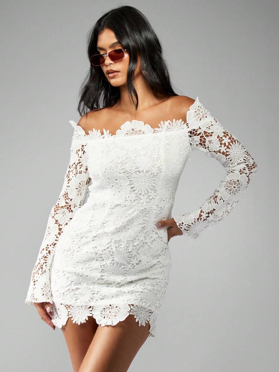 MISSGUIDED Embroidered Off Shoulder Long Sleeve Bardot Bodycon Mini Dress