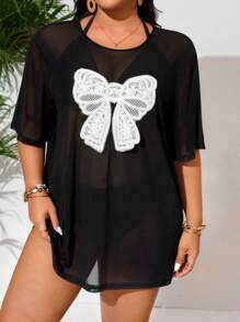 SHEIN Swim Curve Plus Size Women Butterfly Print Mesh V-Neck Short Sleeve Loose Beach Swimsuit Cover Up