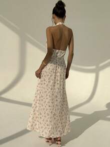 Aloruh Elegantes, sexy tiefes V-Ausschnitt-ärmlelloses, süß rosa Ditsy-Blumen A-Linien Kleid mit fließendem Saum in Midi-Länge, geeignet für Urlaub und Teegesellschaft