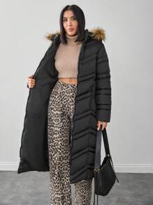 EURMUSE Women Solid Color Soft Touch Hooded Detailed Long Winter Coat Women's Clothes Work Outfits Winter Clothes For Women Winter Outfits For Women Winter Clothes Long Winter Coat For Women's Winter Coats Long Puffer Coat With Hood Women's Puffer Jacket Winter Jacket For Women - Black - View 5