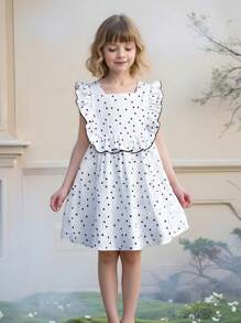 SHEIN Spring/Summer Young Girl Square Collar Sleeveless White Polka Dot Cute & Ruffle Hem Dress - Multicolor - View 1