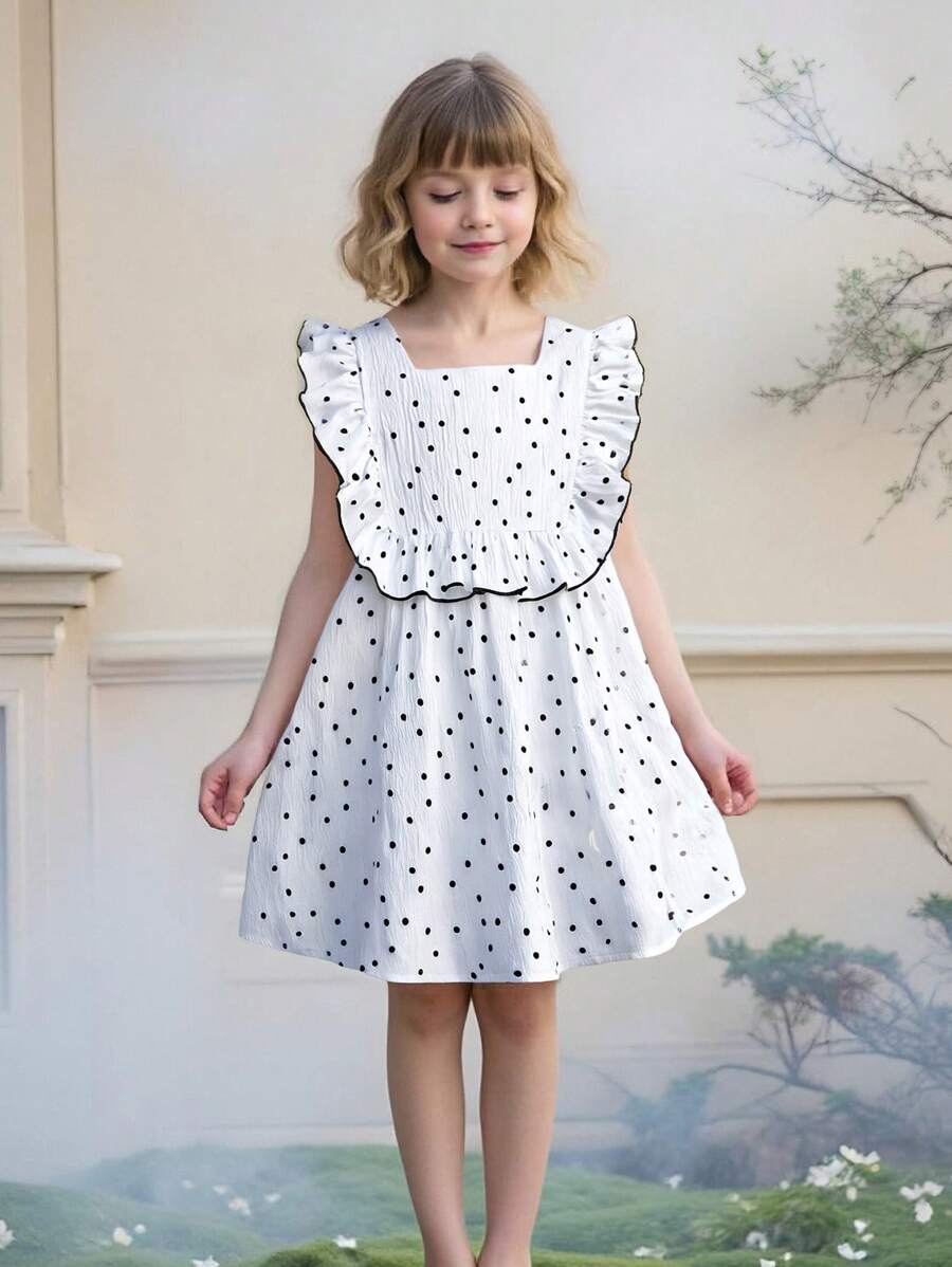 SHEIN Spring/Summer Young Girl Square Collar Sleeveless White Polka Dot Cute & Ruffle Hem Dress - Multicolor - View 1