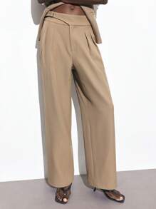 Maija 2025 Summer New Arrival Women's Casual Lightweight Khaki Color Pants, Fashion Adjustable Metal Buckle Waist Pleated Design Straight Leg, Suitable For Music Festival, Beach Vacation, Daily Casual, Romantic Urban Retreat, Wedding Guest, Graduation Romantic, Fashion, Versatile; Suitable For Summer Vacation In Fall/Winter - Coffee Brown - View 9