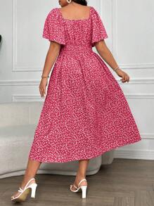 SHEIN Clasi Plus Size Women's Ditsy Floral Print Square Collar Buttoned Dress Maxi Women Outfit - Hot Pink - View 2