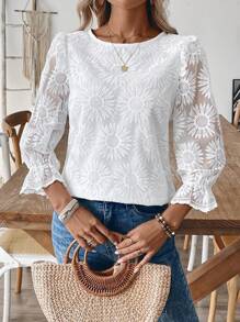 SHEIN LUNE Women's Vacation Casual Solid Color Floral Embroidery Mesh Blouse - Apricot - View 6