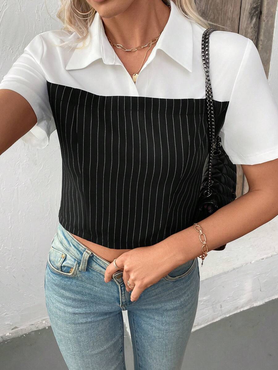 SHEIN Clasi 女士短款条纹短袖休闲衬衫 - 黑與白 - 查看 1