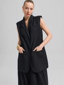 Ontre Women's Sleeveless Office Blazer With Contrast Fabric And Belt Design, Black, Thin Fabric, Elegant And Professional Look, Suitable For Commute, Spring/Summer - Black - View 4