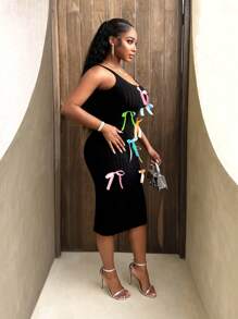 BamGleam Women's Knitted Dress With Bow Detail, Sweater Dress - Black - View 3