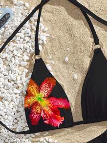 Swim Vcay Conjunto de bikini triangular con estampado de flores casual y sexy para mujer, con tirantes ajustables tipo espagueti y copas suaves sin aros