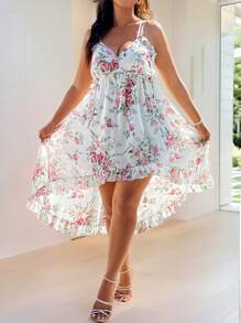 SHEIN Clasi Plus Size Women Ditsy Floral Asymmetrical Sleeveless Dress - Pink - View 1