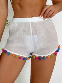 Swim Vcay Colorful Pom Pom Decor Cover Up & Shorts Set, Versatile For Summer - Multicolor - View 2