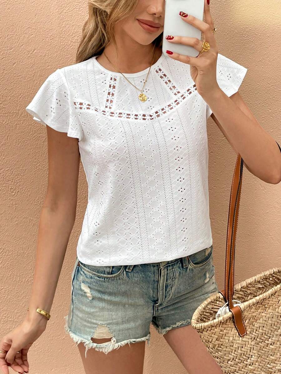 SHEIN Frenchy 女士纯色圆领短袖休闲 T 恤 - 白色 - 查看 1