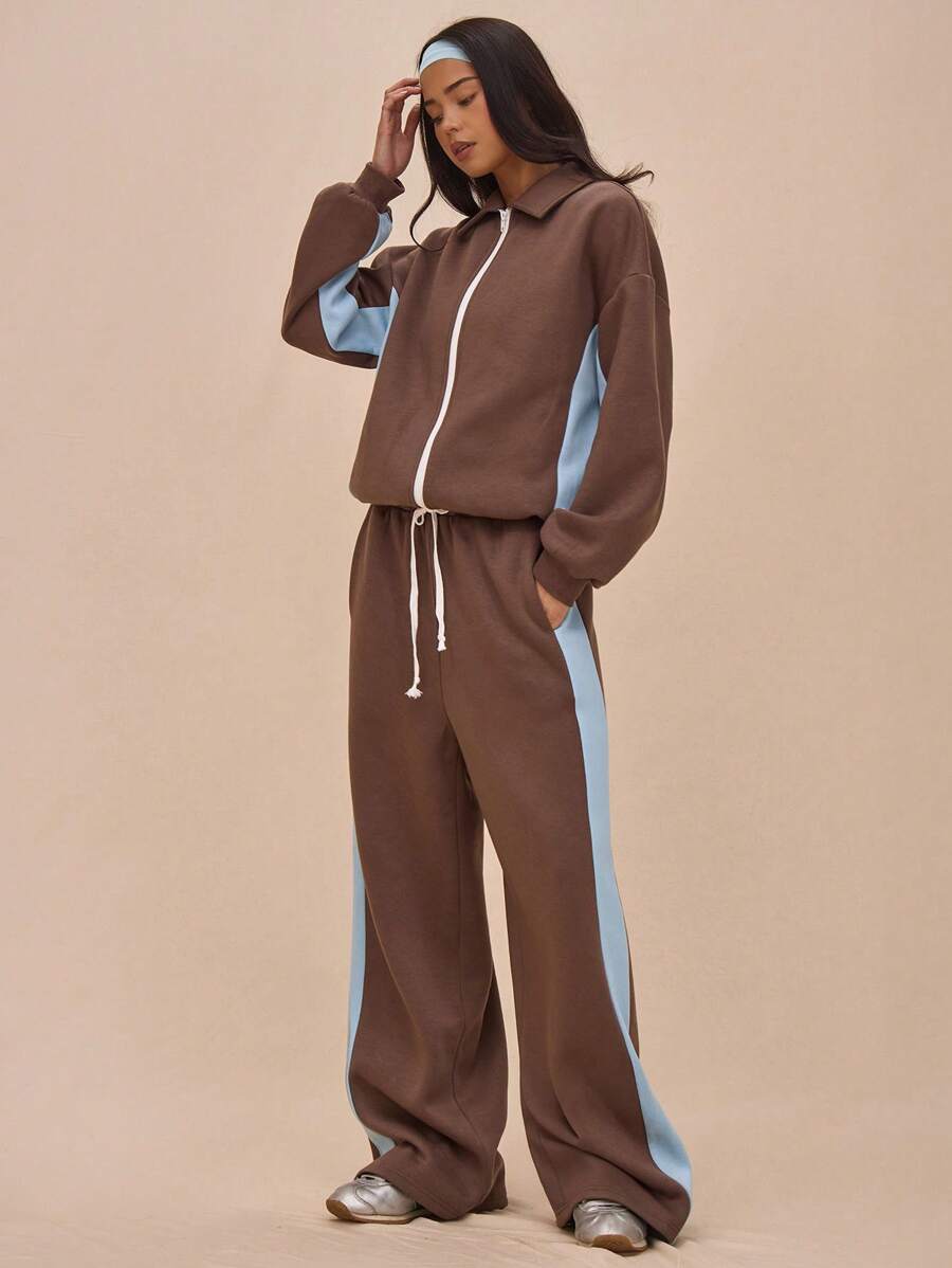 MUSERA 阔腿抽绳撞色拼接运动裤套装，仅限S码休闲款 - 橄欖綠 - 查看 1